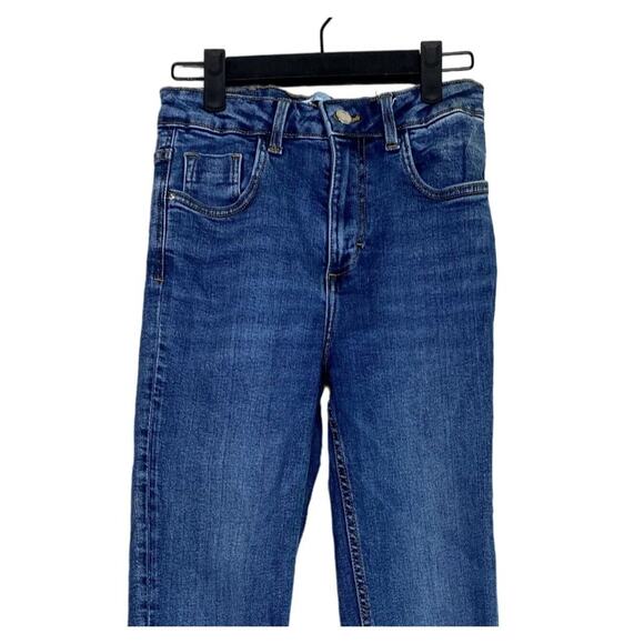 ZARA High Rise Straight Leg Raw Hem Broken In Stretchy Jean Zip 2 Blue #3926 - Picture 3 of 15